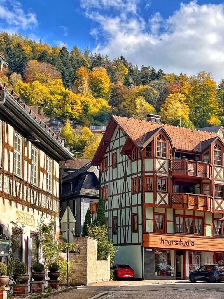 Calle empedrada típica de pueblo de la Selva Negra con arquitectura tradicional alemana