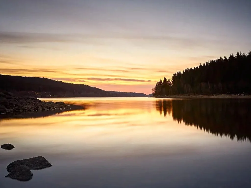 Lago Schluchsee en la Selva Negra con aguas cristalinas y playa